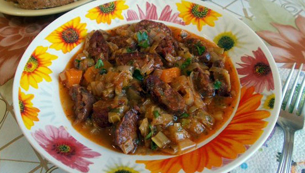 Dish with lukanka (flat sausage) and leeks from Haskovo